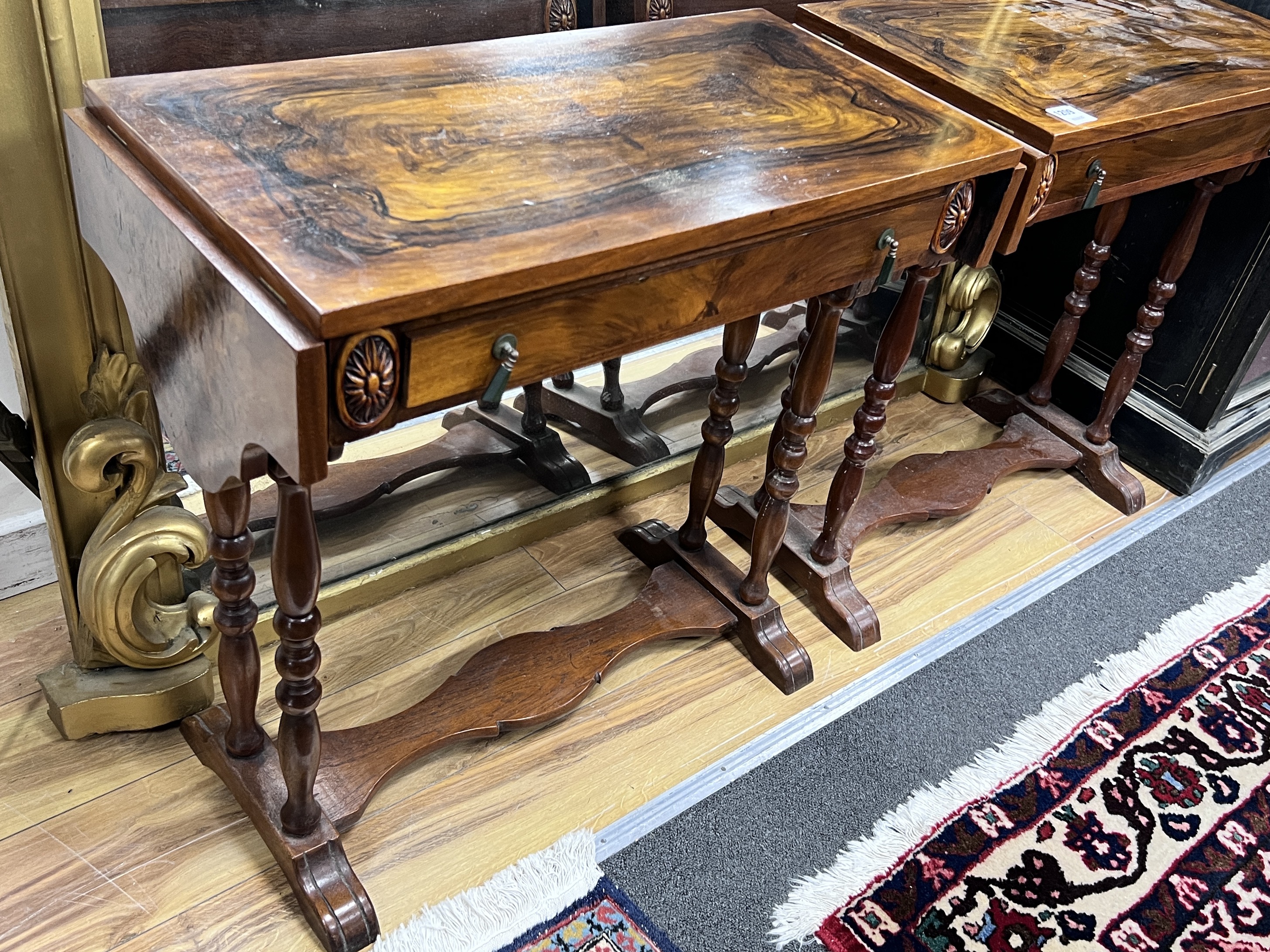 A pair of Victorian style figured walnut occasional tables, width 70cm, height 67cm